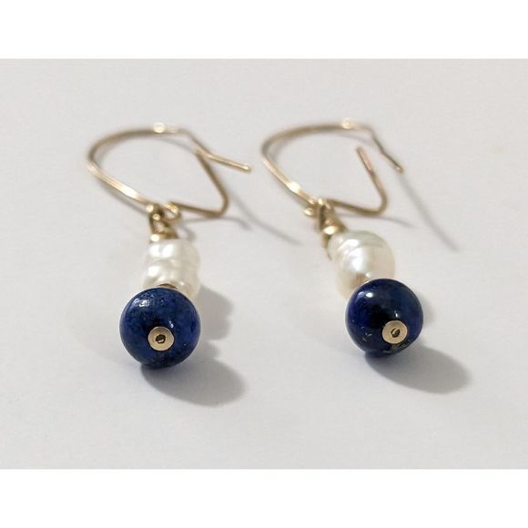 Baroque Pearl Lapis Lazuli Gold Tone Kidney Wire Dangle Earrings Elegant Dainty - Picture 10 of 11